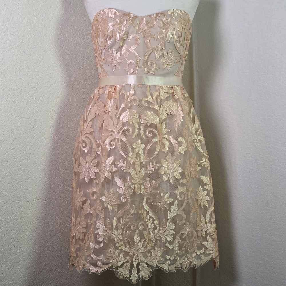 Marchesa Strapless Lace Cocktail Dress in Blush